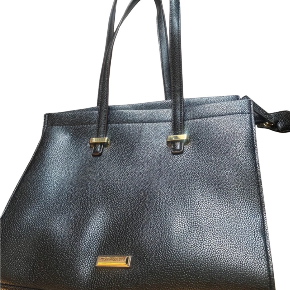 Tahari Black Pebbled Leather Tote Bag Gold Hardware Work Office Chic